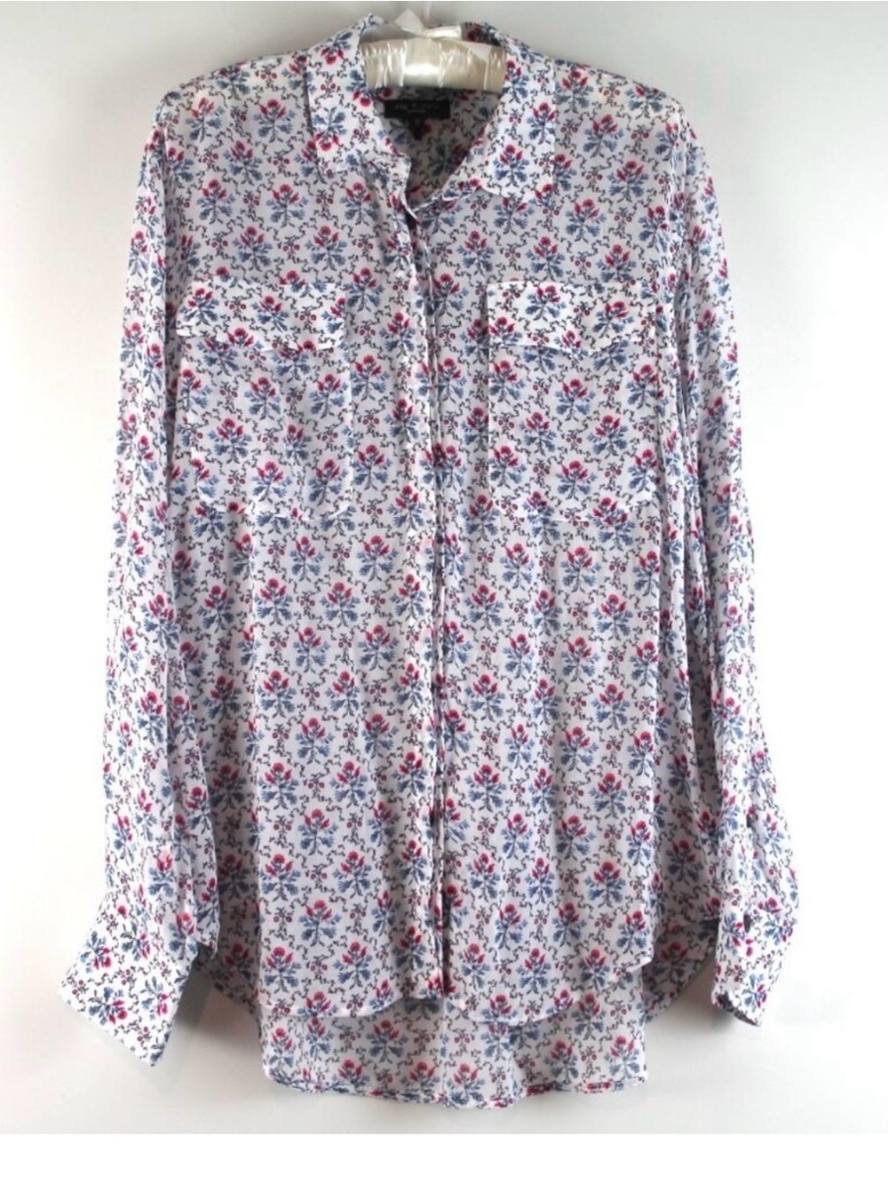 Lightweight Floral Button-Front Blouse - White with Pink & Blue Print